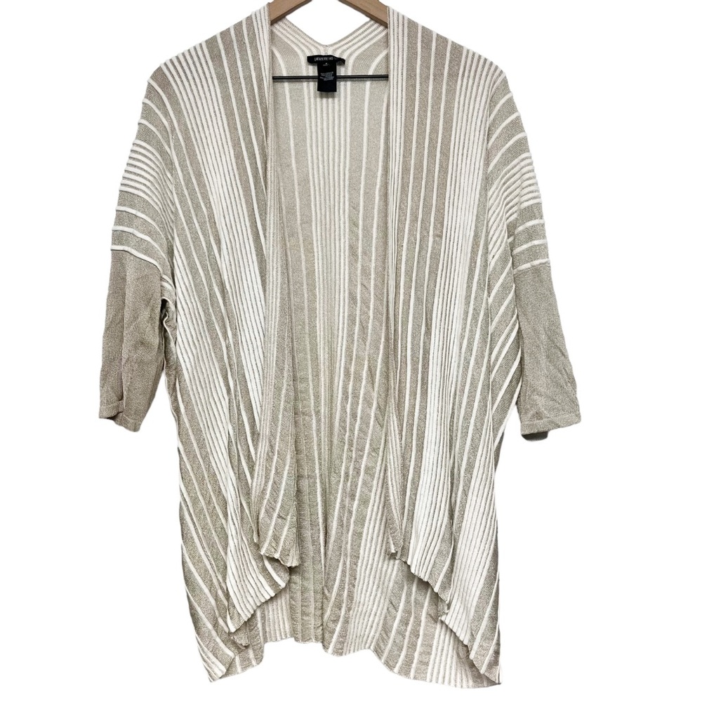 LaFayette 148 Womens Open Front Cardigan Size Medium Linen Blend Striped Tan